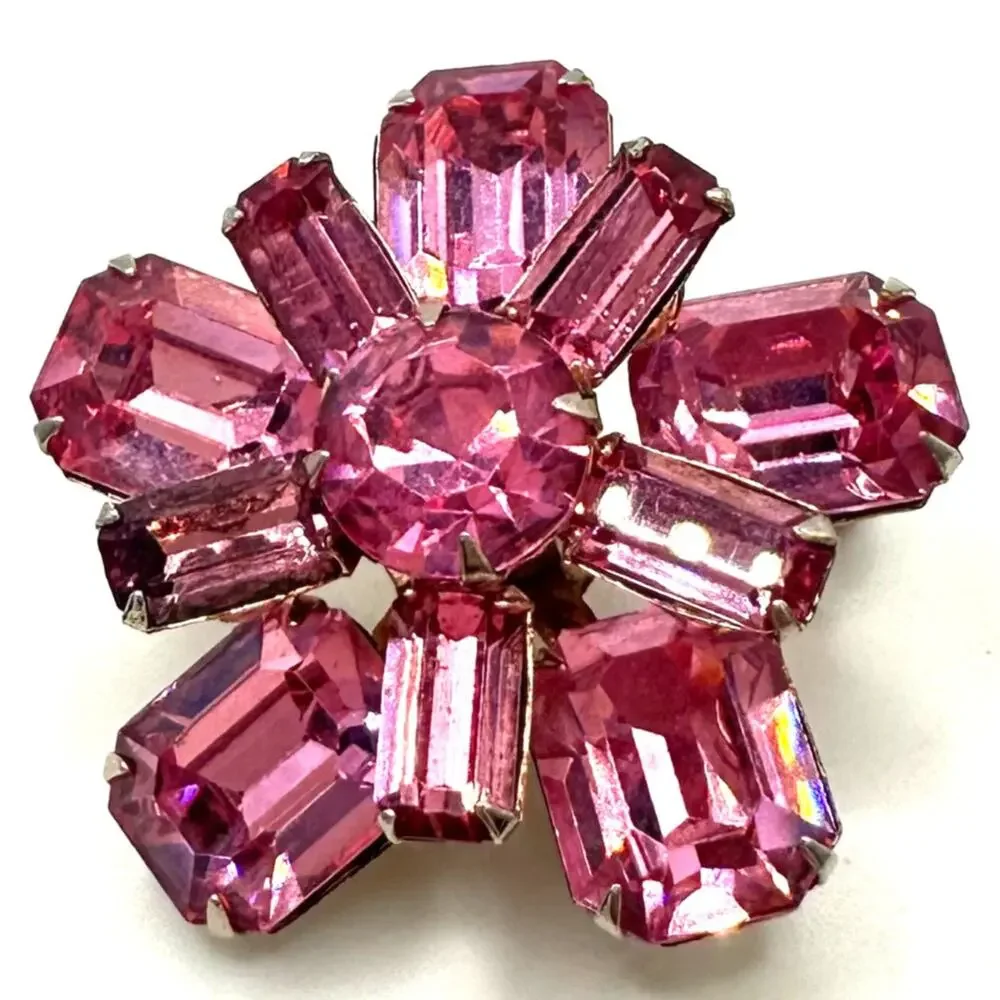 Vintage gold tone pink faceted glass rhinestones dainty scatter pin brooch